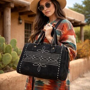 American Darling Suede Duffel Boot Stitch Bag Black Crossbody Conceal Carry NWOT